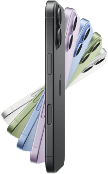 iPhone 17, Seitenansicht, fünf Farben: Schwarz, Lavendel, Nebelblau, Salbei und Weiß.