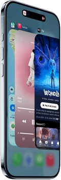 iPhone Air, Vorderseite, Seite, dünnes Profil, Dynamic Island oben Mitte, App-Umschalter wird verwendet, Tasten: Action, Lautstärke