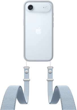 iPhone Air, Rückseite, Farbe Himmelblau, Fusion Kamera-System im oberen Bereich, Apple Logo in der Mitte, Crossbody Band mit Bumper in hellgrauer Farbe angebracht