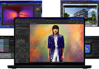 Verschiedene bunte Inhalte auf dem Display aus Apps für Musikproduktion, Grafikdesign, 3D Animation und Fotobearbeitung auf dem Mac, die eine leistungsstarke Grafikperformance demonstrieren