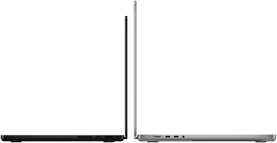 14" und 16" MacBook Pro Geräte stehen mit den Rückseiten zueinander, um den Größenunterschied und das schmale Profil zu verdeutlichen