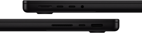 Die Anschlüsse des MacBook Pro werden gezeigt – linke Seite: MagSafe 3, zwei Thunderbolt Anschlüsse und Kopfhöreranschluss – rechte Seite: SDXC Kartensteckplatz, ein Thunderbolt Anschluss und HDMI